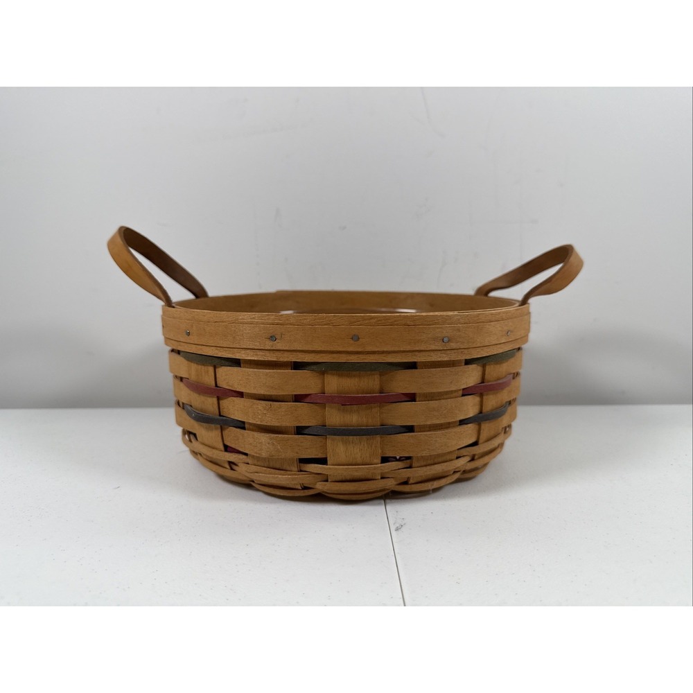 2005 Longaberger Darning Basket Round, Leather Handles, Plastic and Fabric Liner